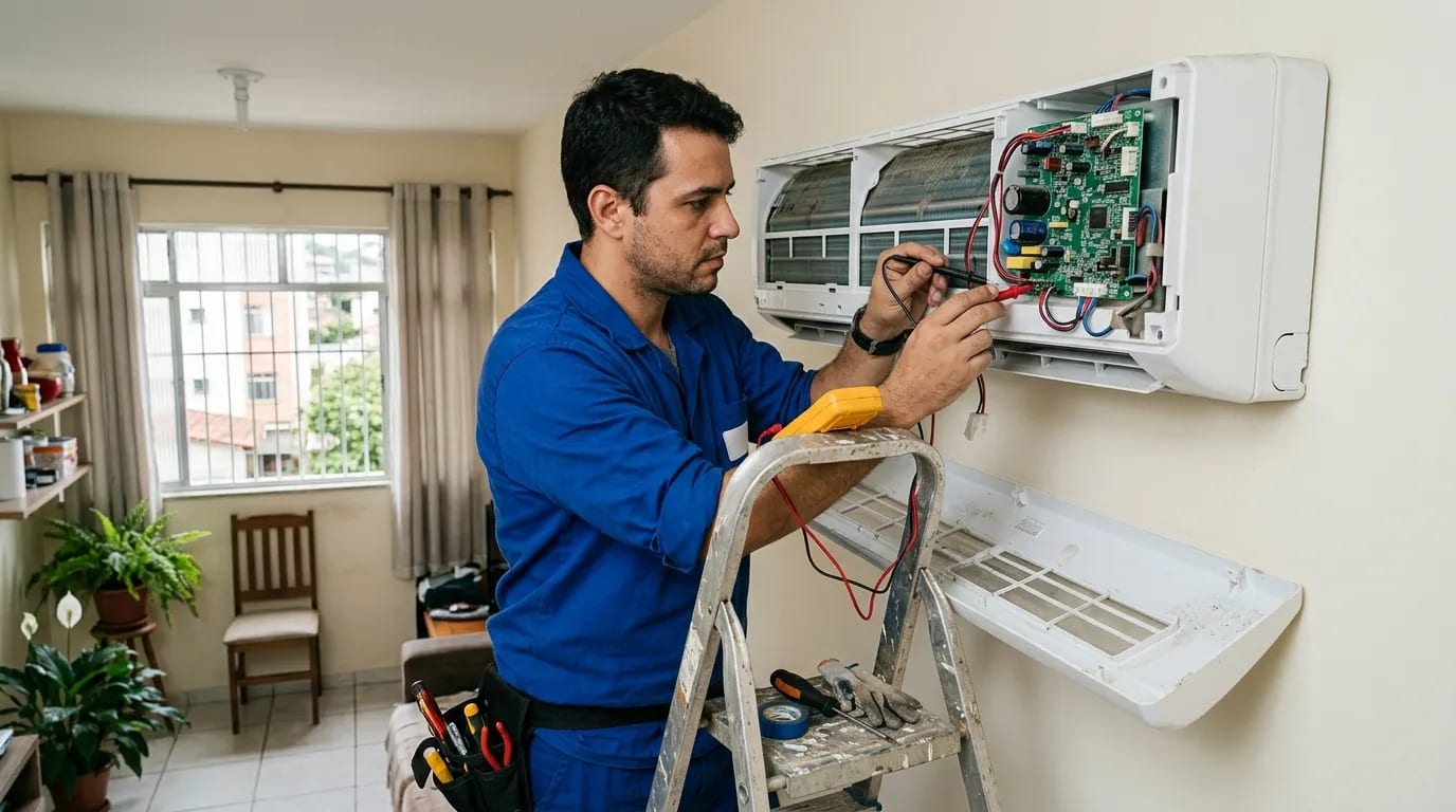 Eletricista ligando a placa do ar-condicionado split em Presidente Prudente‑SP